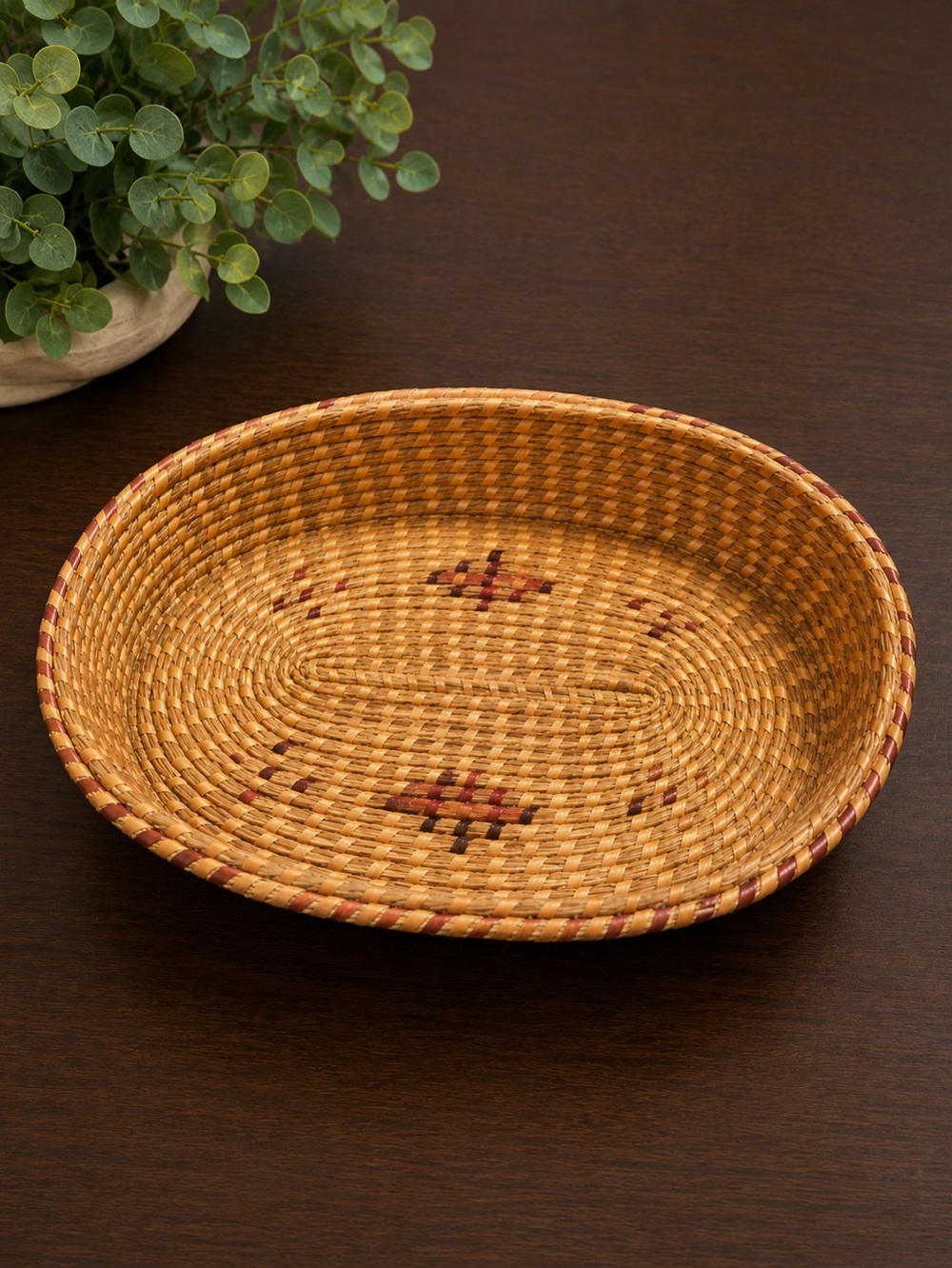 Oval Woven Basket Tray Natural Straw Burgundy Geometric Accents
